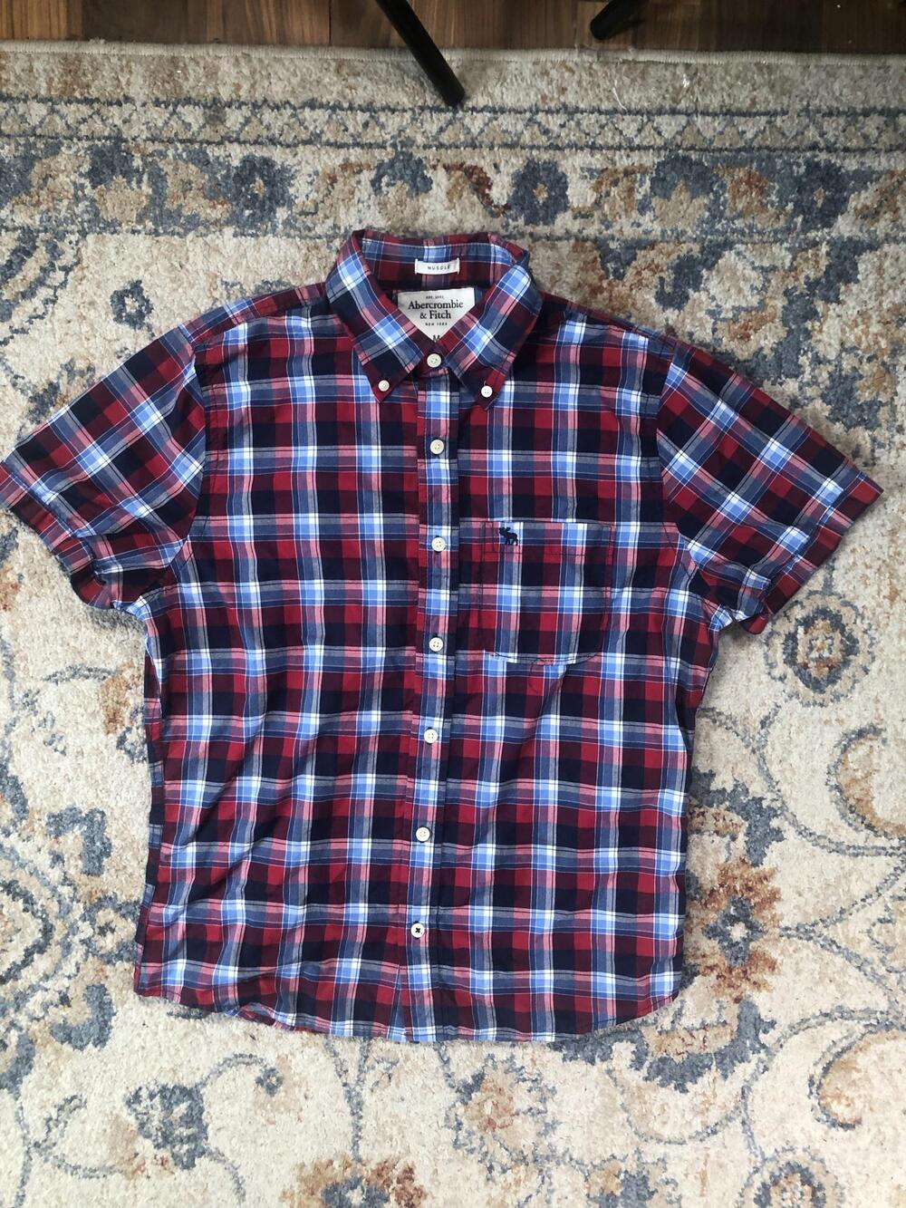 Abercrombie & Fitch Shirt Mens Medium Red Blue Plaid Short Sleeve Muscle